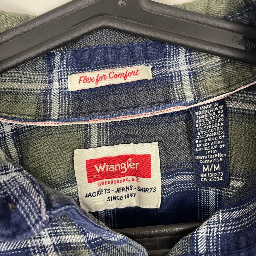 Vintage Wrangler Plaid Western Flannel Shirt‎ Mens M Medium Blue Flannel